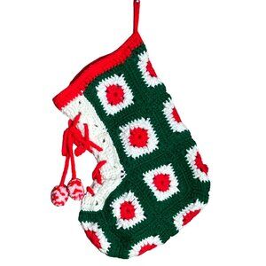 Vtg Granny Square Stocking Crochet 11" Grandmacore Handmade Holidays Christmas